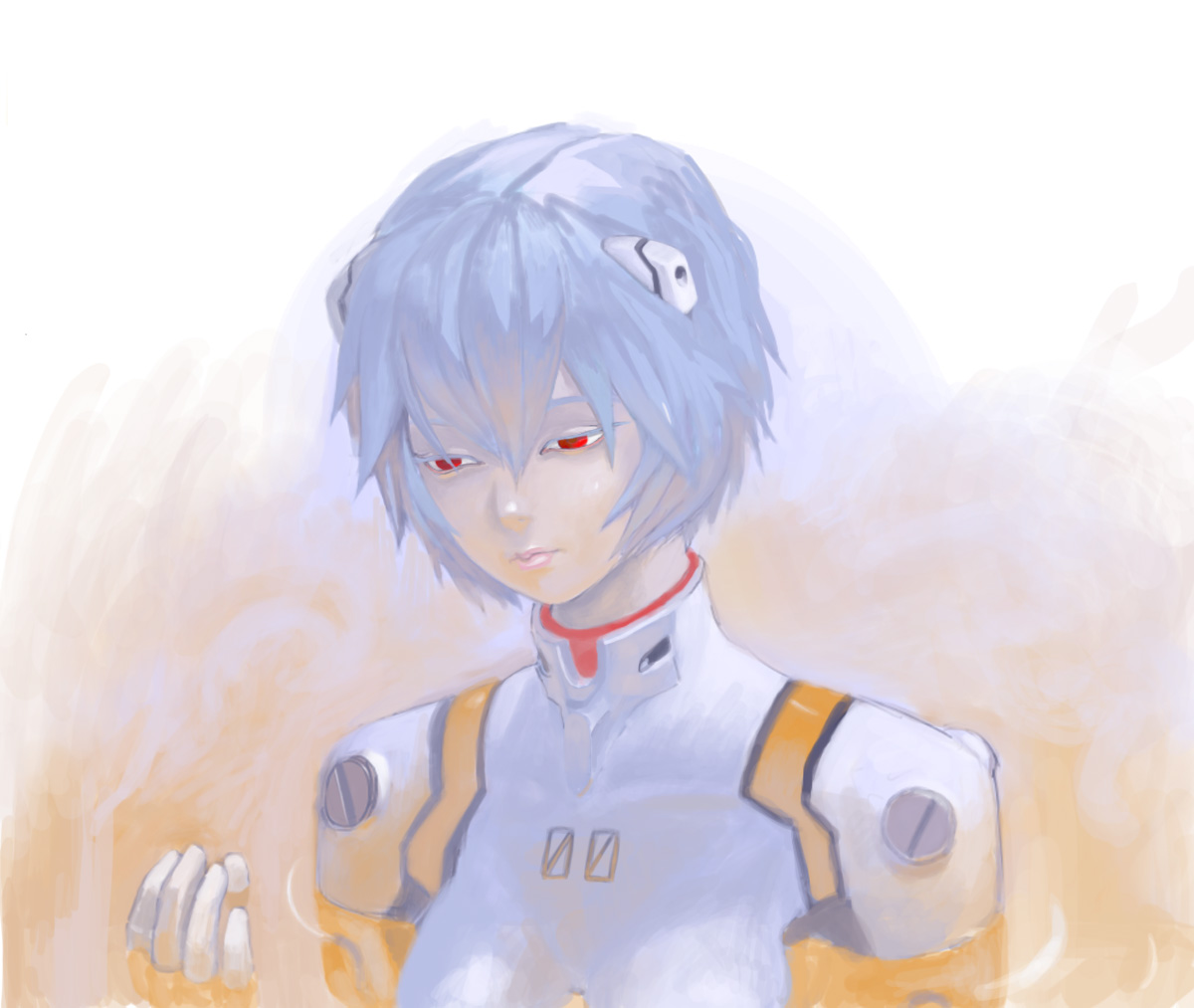 ayanami rei, neon genesis evangelion, blue hair, lcl, mecha pilot suit, pale skin, plugsuit (evangelion), red eyes, short hair, solo