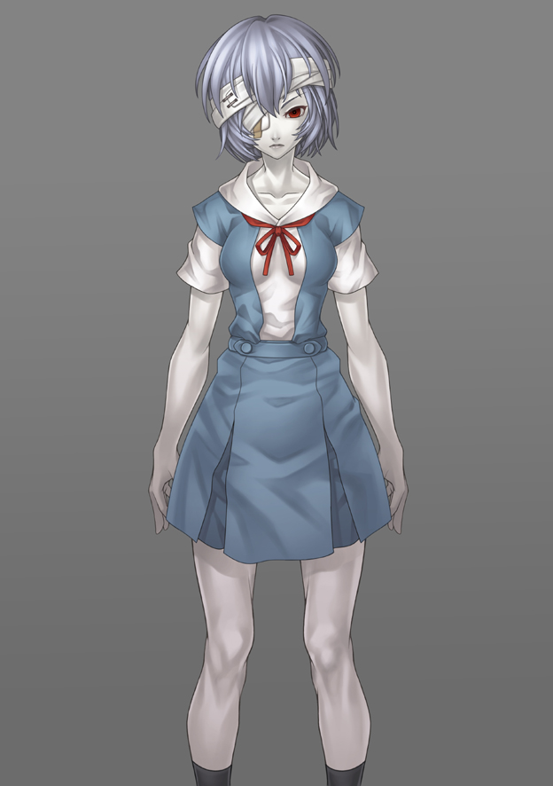 ayanami rei, neon genesis evangelion, blue hair, eyepatch, pale skin, red eyes, school uniform, short hair, solo
