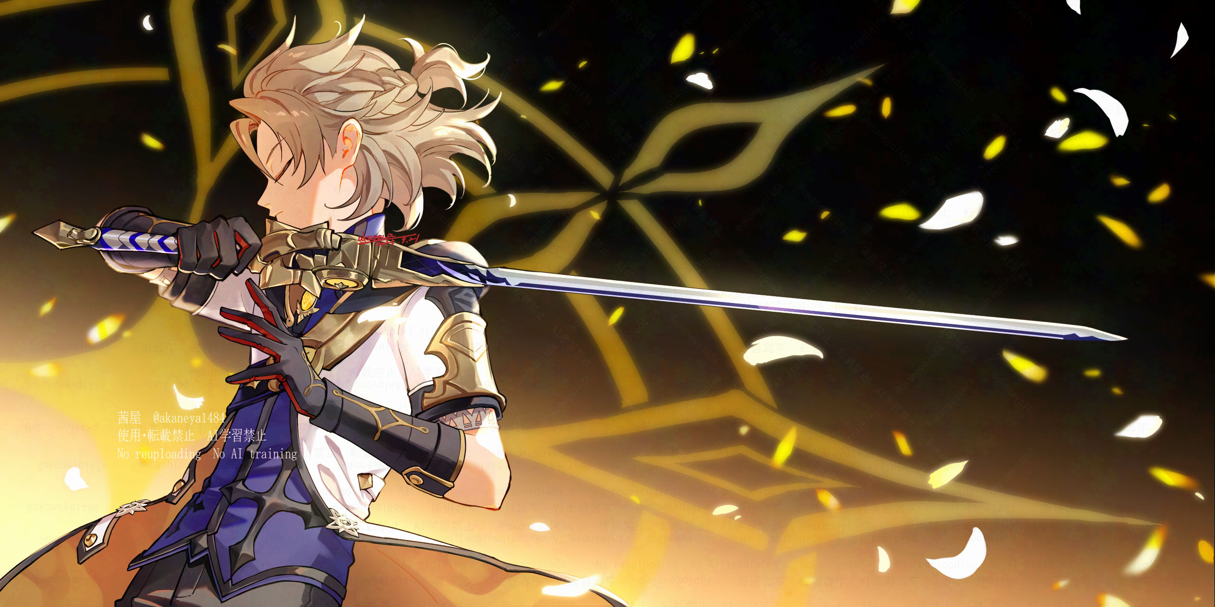 ojo aa, albedo (genshin impact), genshin impact, commentary request, highres, 1boy, artist name, black gloves, blonde hair, blue shirt, braid, brown gloves, cinnabar spindle (genshin impact), closed eyes, closed mouth, coat, dated, elbow gloves, floating hair, gloves, gold trim, gradient background, hair between eyes, half up half down braid, hand up, holding, holding sword, holding weapon, hood, hood down, hooded coat, male focus, medium hair, open clothes, open coat, parted bangs, petals, profile, shirt, short sleeves, signature, solo, standing, sword, twitter username, two-tone gloves, watermark, weapon, white coat