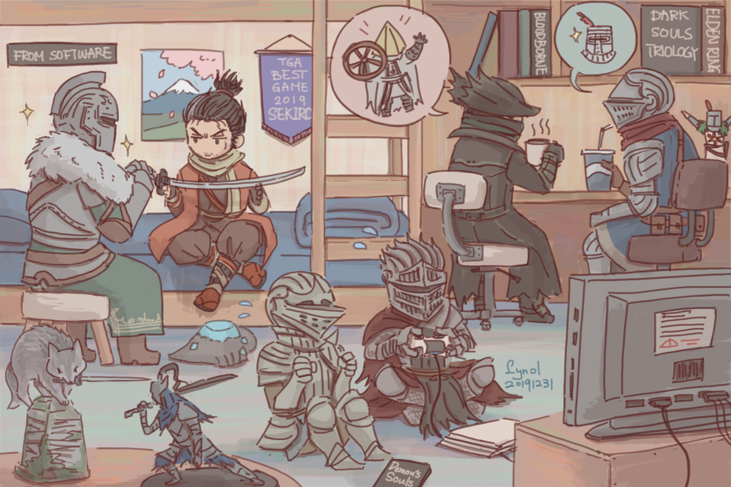 lynol, artorias the abysswalker, ashen one (dark souls), bearer of the curse, chosen undead, great grey wolf sif, hunter (bloodborne), sekiro, slayer of demons, solaire of astora, bloodborne, dark souls (series), dark souls i, dark souls ii, dark souls iii, demon's souls, fromsoftware, sekiro: shadows die twice, commentary, 1boy, 5others, ambiguous gender, armor, armored boots, bed, black coat, black hair, black hat, blue tunic, boots, bunk bed, chair, coat, company connection, crystal lizard (fromsoftware), cup, disposable cup, figure, full armor, full body, game console, hat, helm, helmet, indoors, katana, knight, multiple others, playing games, playstation 4, playstation controller, sitting, sword, television, tunic, visor (armor), weapon