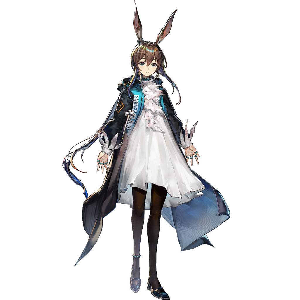 mag (mag42), amiya (arknights), amiya (medic) (arknights), infection monitor (arknights), arknights, official art, third-party source, 1girl, animal ears, anklet, ascot, black coat, black pantyhose, black shoes, blue eyes, brown hair, choker, closed mouth, coat, dress, full body, jewelry, long hair, long sleeves, looking at viewer, low ponytail, multiple rings, official alternate costume, pantyhose, ponytail, rabbit ears, rabbit girl, rhodes island uniform, ring, shoes, sidelocks, simple background, solo, standing, tachi-e, transparent background, very long hair, white ascot, white dress