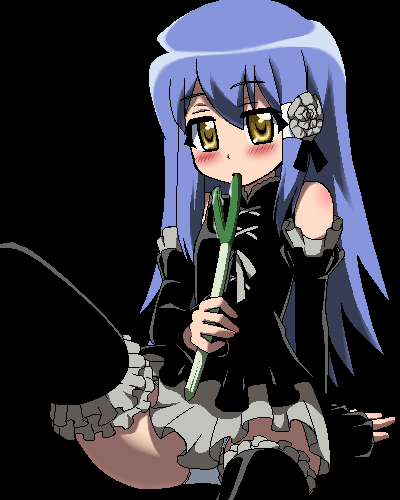 awa, hayakawa misaki, kemeko deluxe, lowres, 00s, black background, black thighhighs, blending, blue hair, blush, frilled thighhighs, frills, jaggy lines, oekaki, panties, pantyshot, simple background, solo, spring onion, thighhighs, underwear, yellow eyes, zettai ryouiki