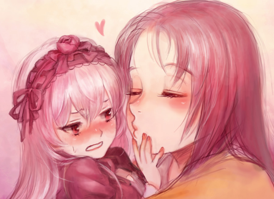 miya (foolish order), kakizaki megu, suigintou, rozen maiden, 00s, 2girls, blush, heart, imminent kiss, kiss, long hair, multiple girls, red eyes, sweatdrop, yuri