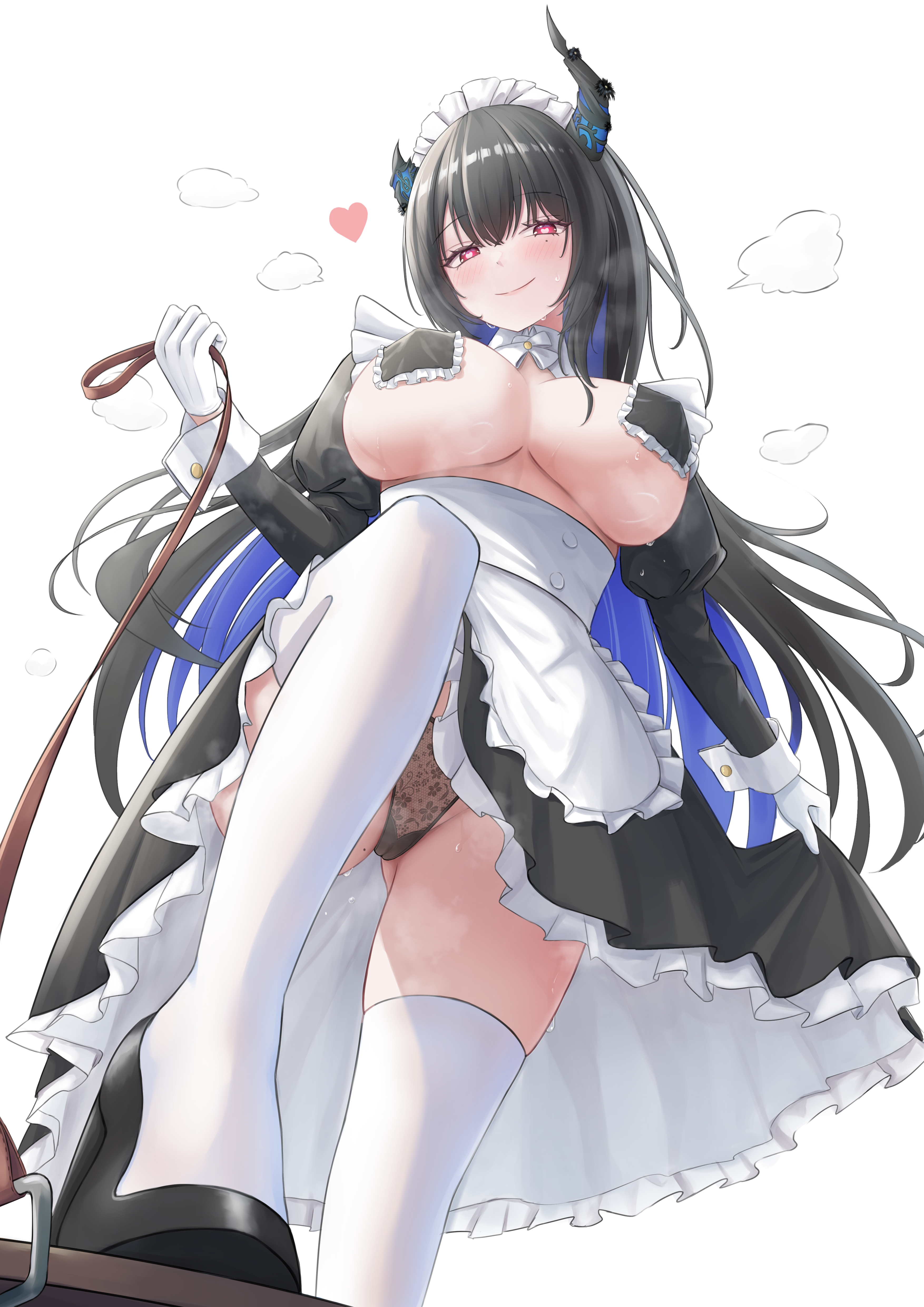 almonxtea, nerissa ravencroft, hololive, hololive english, absurdres, commentary, english commentary, highres, 1girl, alternate costume, apron, asymmetrical horns, black hair, black panties, black shoes, black skirt, black sleeves, blue hair, breasts, cameltoe, closed mouth, colored inner hair, contrast collar, covered navel, demon horns, detached sleeves, enmaided, flower, frilled apron, frilled skirt, frills, from below, gloves, heart, high heels, holding, horn flower, horns, juliet sleeves, large breasts, long hair, long sleeves, looking at viewer, maid, mole, mole under eye, multicolored hair, no shirt, panties, pasties, pov, puffy sleeves, shoes, simple background, skirt, skirt hold, slit pupils, smile, solo, thighhighs, underwear, uneven horns, very long hair, virtual youtuber, waist apron, white apron, white background, white gloves, white thighhighs, white wrist cuffs, wrist cuffs