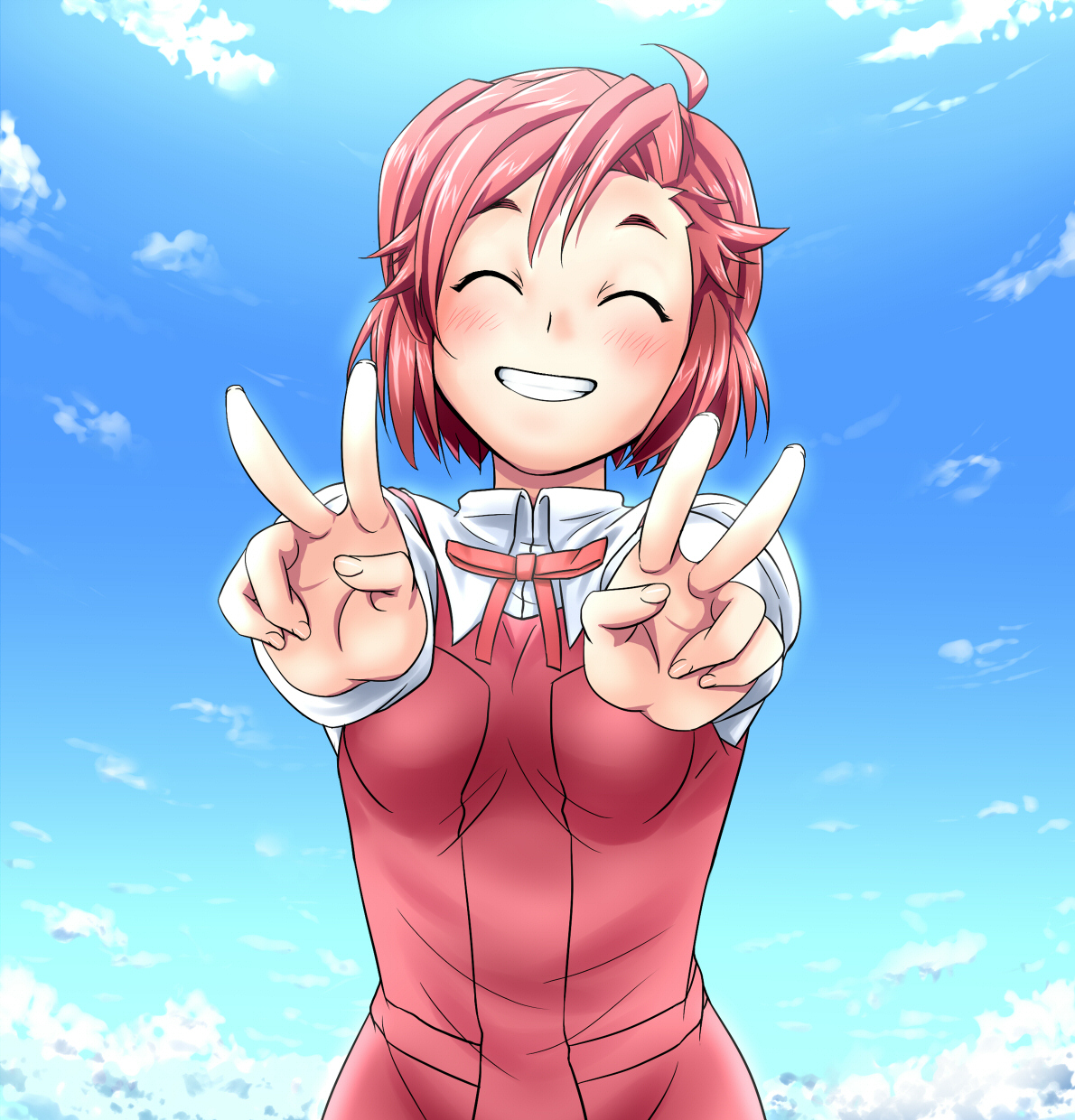 ameyoii, aoba tsugumi, kannagi, bad id, bad pixiv id, highres, 00s, 1girl, double v, female focus, red hair, school uniform, smile, solo, v