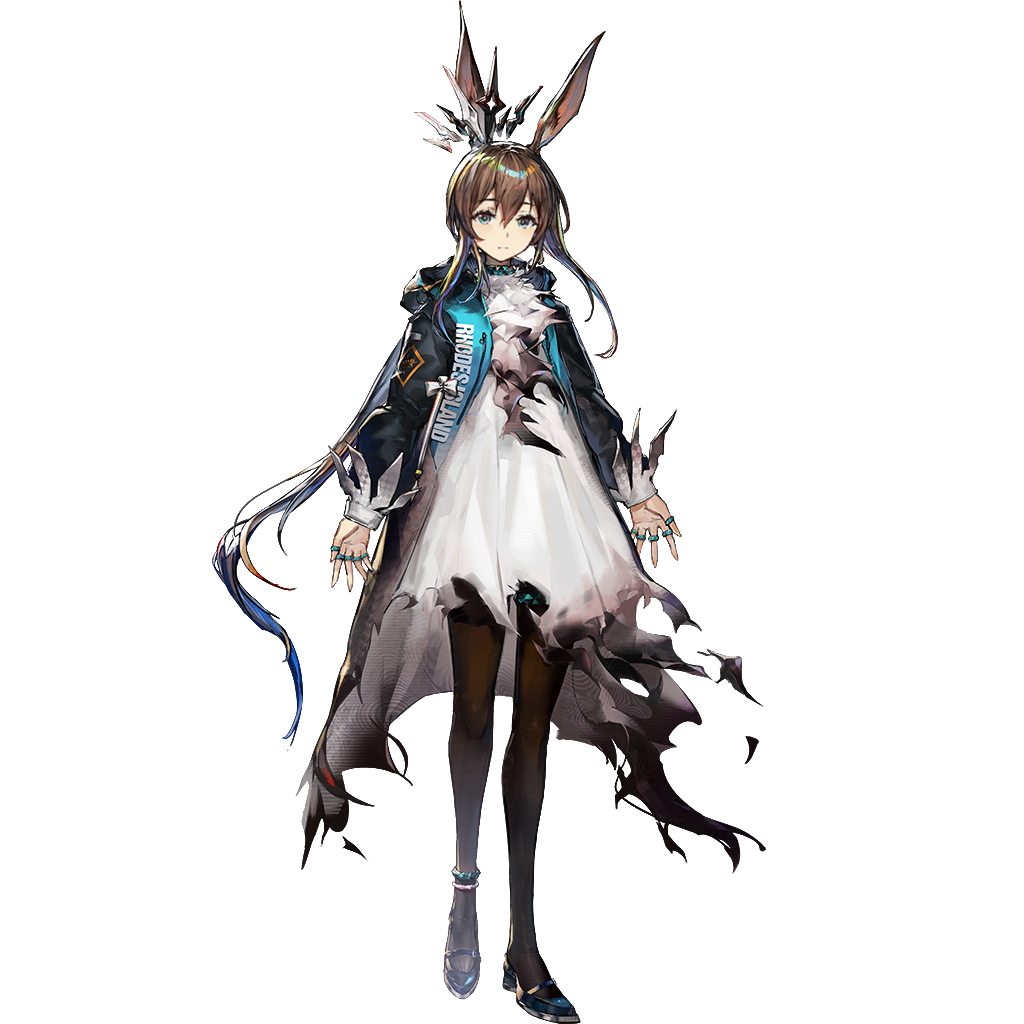 mag (mag42), amiya (arknights), amiya (medic) (arknights), civilight eterna, infection monitor (arknights), arknights, official art, third-party source, 1girl, animal ears, anklet, ascot, black coat, black crown, black pantyhose, black shoes, blue eyes, brown hair, burnt clothes, choker, closed mouth, coat, crown, dress, ear through crown, floating crown, full body, jewelry, long hair, long sleeves, looking at viewer, low ponytail, multiple rings, official alternate costume, pantyhose, ponytail, rabbit ears, rabbit girl, rhodes island uniform, ring, shoes, sidelocks, simple background, solo, standing, tachi-e, transparent background, very long hair, white ascot, white dress