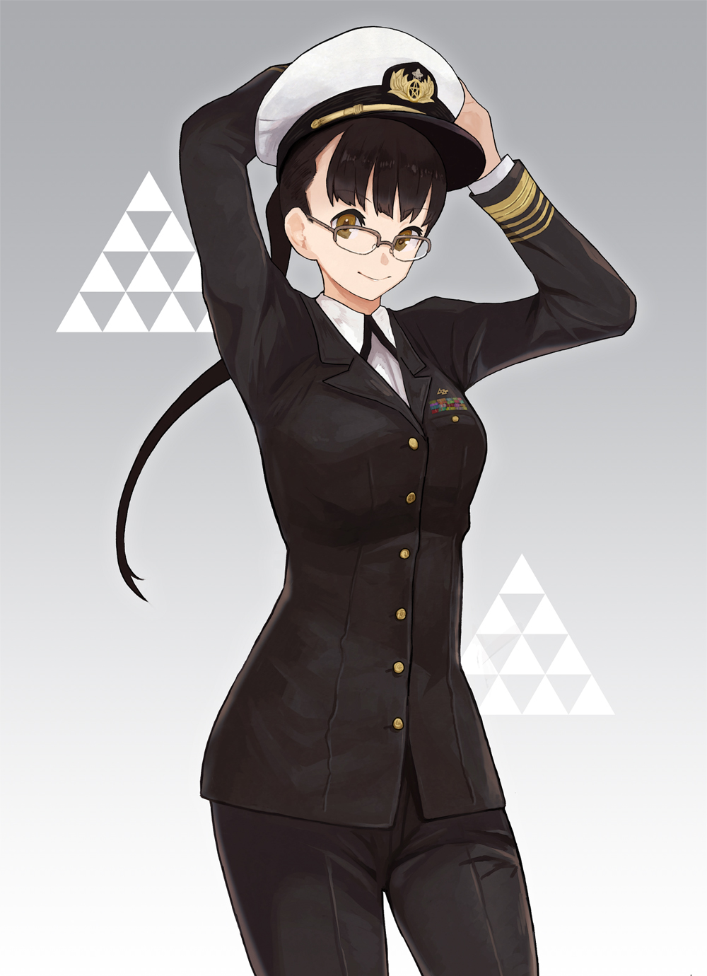 secretter, sumikaze touko, occultic;nine, science adventure, highres, non-web source, 1girl, adjusting clothes, adjusting headwear, arms up, black hair, breasts, brown eyes, buttons, closed mouth, cowboy shot, glasses, gloves, gradient background, grey background, hat, jacket, long hair, long sleeves, looking at viewer, medium breasts, military, military hat, military uniform, necktie, pants, peaked cap, sailor, shirt, simple background, smile, solo, standing