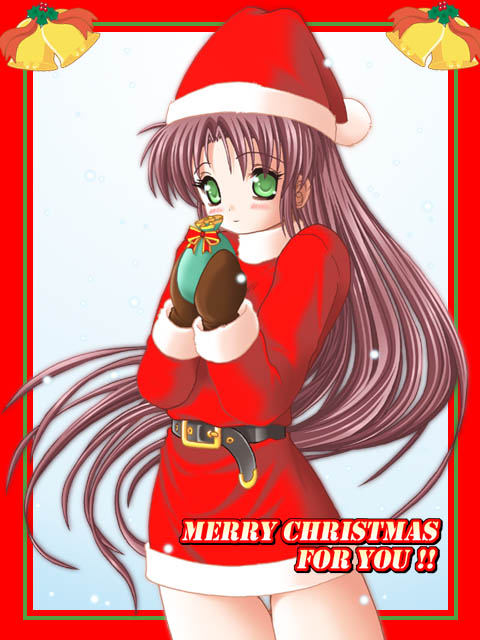 keito (keito-ya), original, archived source, commentary request, !, !!, aqua background, bag, bell, belt, belt buckle, black belt, blush, border, bow, brown hair, brown mittens, buckle, christmas, closed mouth, collared dress, contrast collar, cowboy shot, dated commentary, dress, fur-trimmed dress, fur-trimmed headwear, fur-trimmed sleeves, fur collar, fur sleeve cuffs, fur trim, gift, gift bag, gold buckle, gradient hair, green bag, green eyes, hair intakes, hat, holding, holding bag, holding gift, light smile, long hair, long sleeves, merry christmas, mistletoe, mittens, multicolored hair, orange ribbon, outside border, parted bangs, pom pom (clothes), red border, red bow, red dress, red hat, red sleeves, ribbon, santa costume, santa dress, santa hat, short dress, sidelocks, sleeve cuffs, snowing, straight hair, very long hair