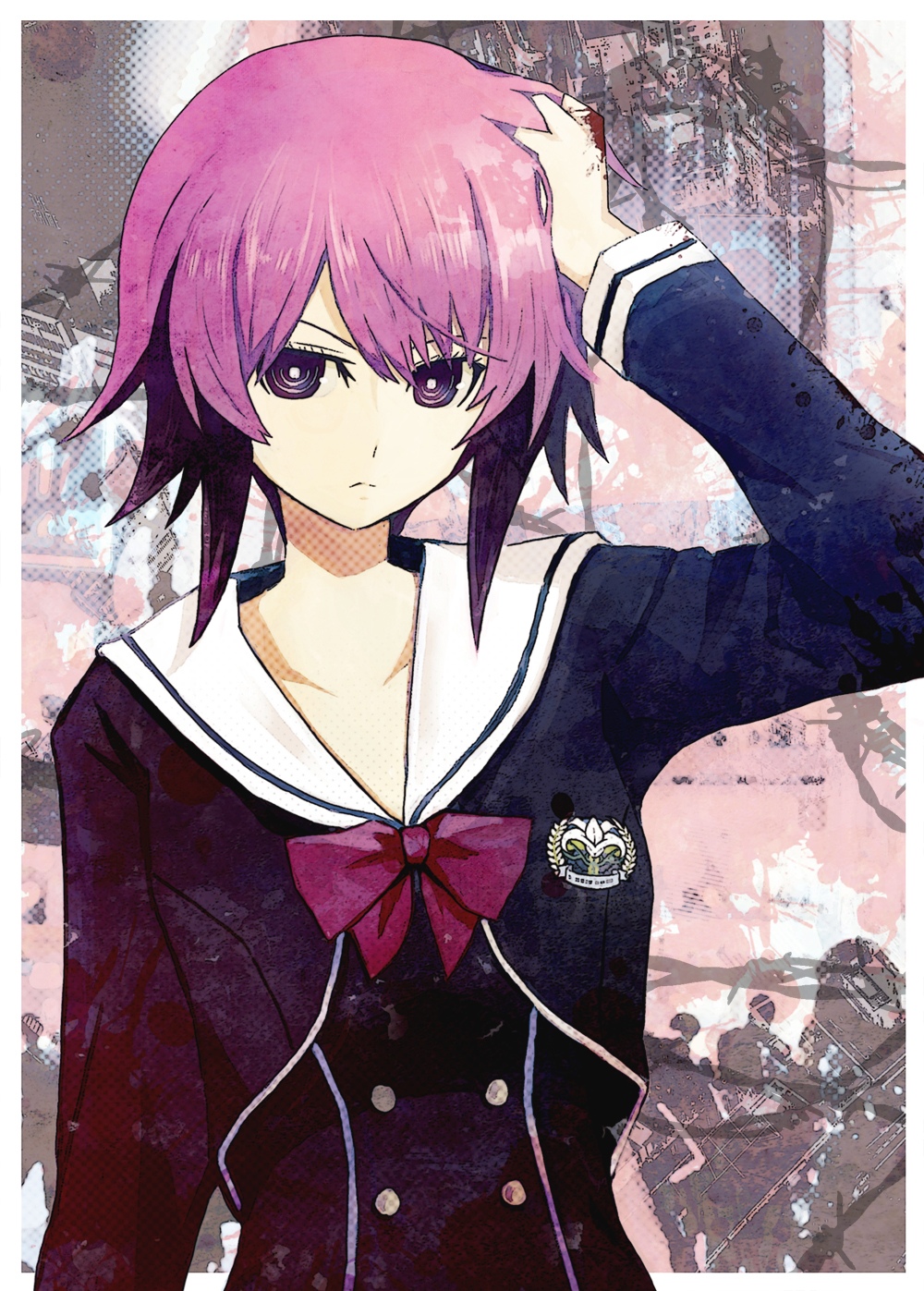 secretter, onoe serika, chaos;child, science adventure, highres, non-web source, 1girl, bow, closed mouth, expressionless, hair between eyes, hekiho academy school uniform, jacket, long sleeves, looking at viewer, pink eyes, pink hair, sailor collar, school uniform, short hair, solo, upper body