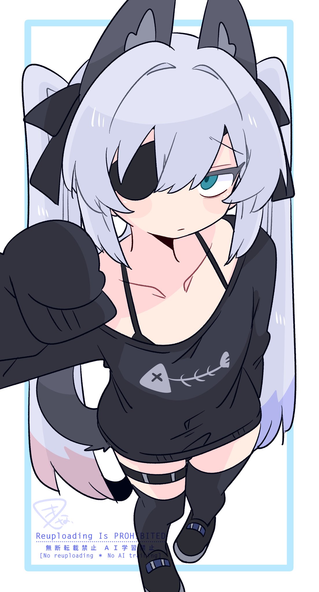 op na yarou, original, commentary, highres, 1boy, :/, animal ear fluff, animal ears, asymmetrical legwear, black bow, black shoes, black sweater, black thighhighs, blue eyes, bow, bra strap, cat boy, cat ears, cat tail, collarbone, covered navel, crossdressing, crossdressing (mtf), expressionless, extra ears, eyepatch, fish skeleton, fish skeleton print, flipped hair, foreshortening, from above, full body, grey tail, hair between eyes, hair bow, hand up, light blush, long hair, long sleeves, looking at viewer, male focus, no nose, one eye covered, oversized clothes, paw pose, print sweater, raised inner eyebrows, rigel (op na yarou), shoes, sidelocks, simple background, single bare shoulder, single off shoulder, single sleeve past fingers, solo, standing, sweater, tail, thigh strap, thighhighs, trap, tsurime, uneven legwear, very long hair, watermark, white background, white hair