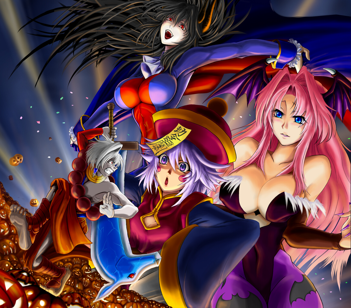fujioka yatsufusa, hachi bou, demitri maximoff, donovan baine, hsien-ko, morrigan aensland, capcom, darkstalkers, print legwear, 3girls, animal print, bat print, bat wings, beads, blue eyes, breasts, cape, cleavage, cleavage cutout, clothing cutout, cosplay, curvy, demon girl, elbow gloves, genderswap, genderswap (mtf), gloves, halloween, hat, head wings, horns, huge breasts, jack-o'-lantern, jewelry, jiangshi, large breasts, leotard, long hair, morrigan aensland (cosplay), multiple girls, necklace, ofuda, open mouth, pantyhose, pink hair, prayer beads, pumpkin, purple eyes, purple hair, red eyes, sweatdrop, sword, vampire, weapon, white hair, wings