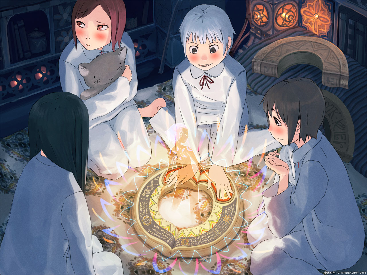 teikoku shounen, original, 4girls, book, dark, indoors, magic, multiple girls, pajamas, short hair, sitting, stuffed animal, stuffed toy