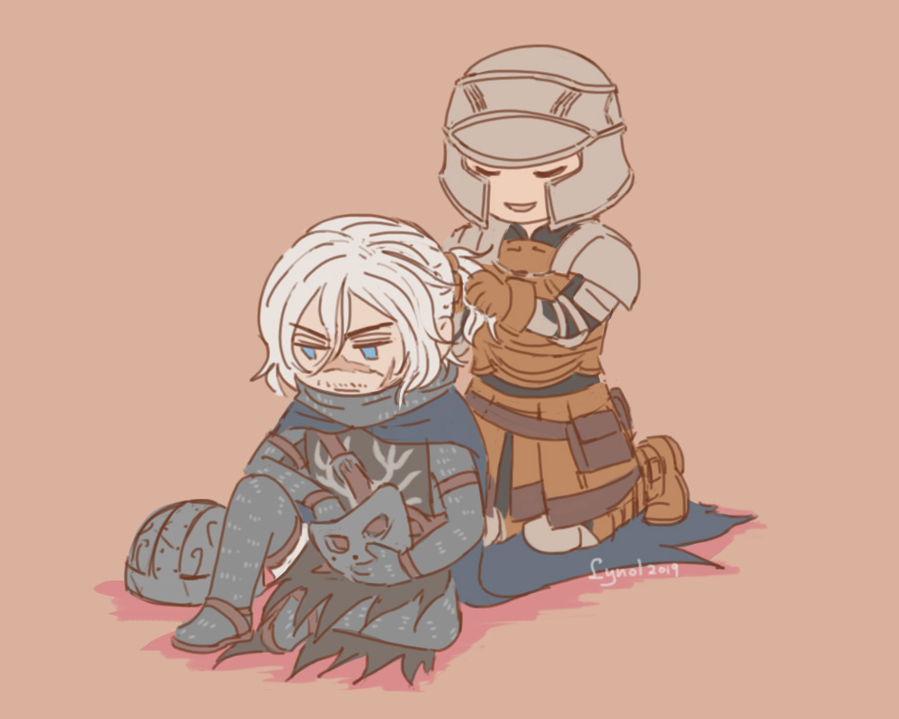 lynol, creighton of mirrah, mild mannered pate, dark souls (series), dark souls ii, 2019, 2boys, armor, artist name, blue cape, blue eyes, brown background, brown gloves, brown vest, cape, chainmail, closed eyes, closed mouth, full body, gloves, grey hair, helmet, holding, holding mask, male focus, mask, multiple boys, open mouth, scar, scar on face, scar on nose, short hair, sitting, smile, tying another's hair, unworn mask, vest