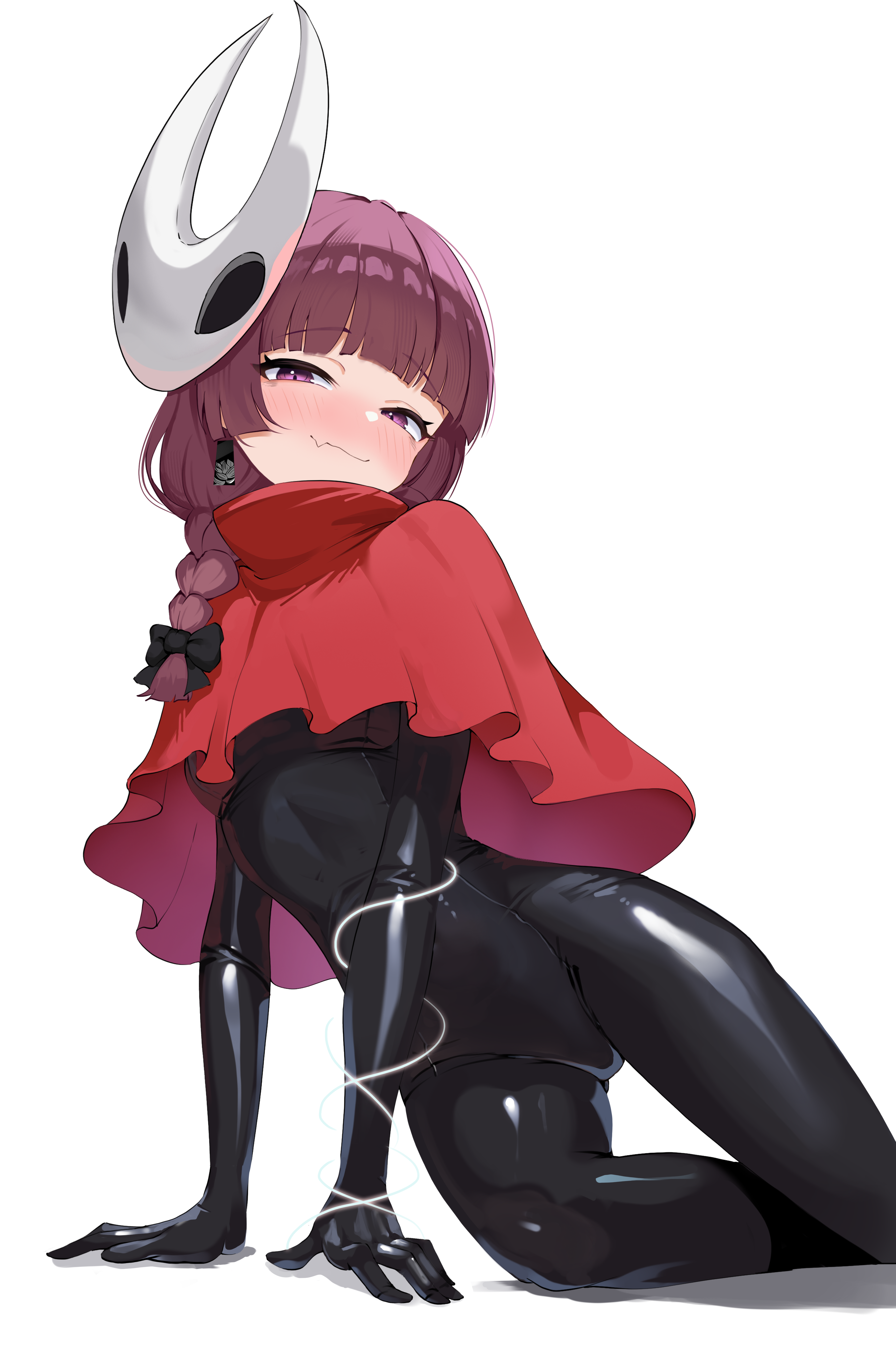 agm, hiroi kikuri, hornet (hollow knight), bocchi the rock!, hollow knight, hollow knight: silksong, absurdres, commentary, highres, 1girl, blush, braid, breasts, cloak, cosplay, fang, fang out, horned mask, hornet (hollow knight) (cosplay), long hair, looking at viewer, mask, mask on head, purple eyes, purple hair, red cloak, simple background, skin fang, smile, solo, string, white background, white mask