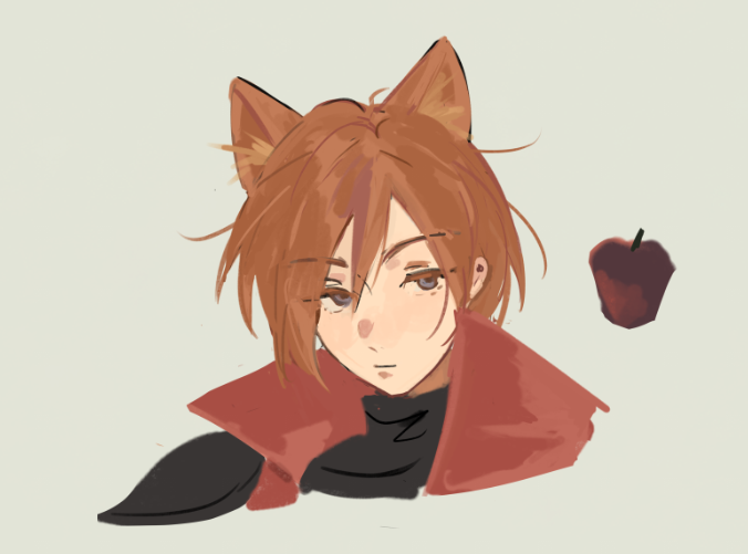 pai jingguan, genesis rhapsodos, crisis core final fantasy vii, final fantasy, final fantasy vii, chinese commentary, 1boy, apple, armor, black shirt, brown hair, coat, cropped shoulders, expressionless, food, fruit, grey background, grey eyes, high collar, kemonomimi mode, looking to the side, male focus, pauldrons, red coat, shirt, shoulder armor, simple background, single pauldron, solo, turtleneck, turtleneck shirt, upper body