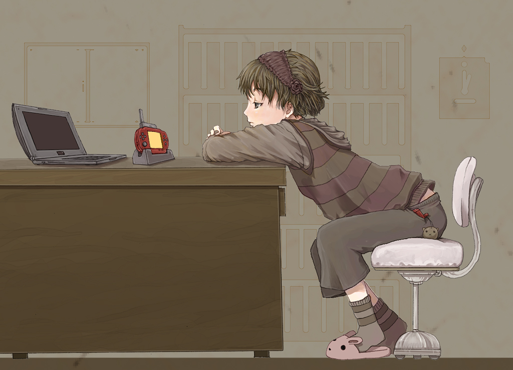 nekotama (pixiv34129), original, 1girl, animal slippers, arched back, bored, bunny slippers, computer, computer keyboard, female focus, hairband, handheld game console, hood, hoodie, laptop, nail polish, playstation portable, short hair, sitting, slippers, solo