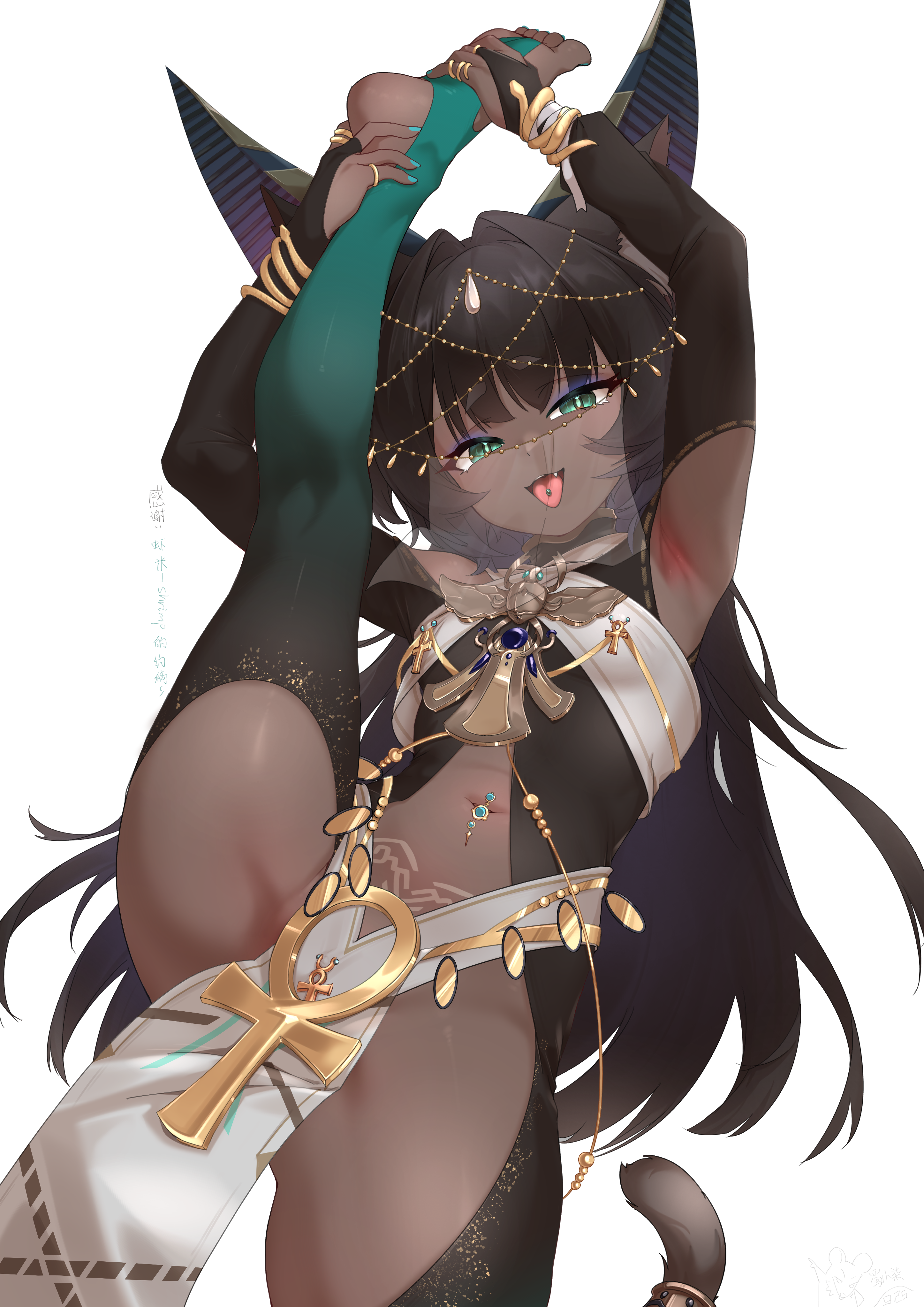hinanawi mika, original, absurdres, highres, 1girl, animal ears, ankh, armpits, bodystocking, breasts, brown hair, cat ears, cat girl, cat tail, dancer, dark-skinned female, dark skin, eyebrows hidden by hair, flexible, green eyes, jewelry, long hair, looking at viewer, nail polish, navel piercing, necklace, open mouth, piercing, see-through clothes, see-through veil, simple background, slit pupils, small breasts, smile, soles, solo, split, standing, standing on one leg, standing split, tail, toes, tongue, tongue out, veil, very long hair, white background