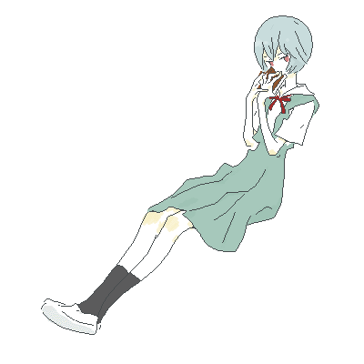 gen (susono01), ayanami rei, neon genesis evangelion, lowres, blue hair, book, oekaki, pale skin, red eyes, school uniform, short hair, sitting, solo