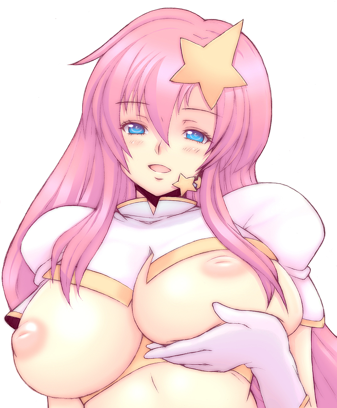 kannagi kaname, meer campbell, gundam, gundam seed, gundam seed destiny, breast hold, bad id, bad pixiv id, highres, 00s, 1girl, blue eyes, breast lift, breasts, female focus, gloves, hair ornament, inverted nipples, large breasts, long hair, nipples, pink hair, solo, star (symbol), star hair ornament