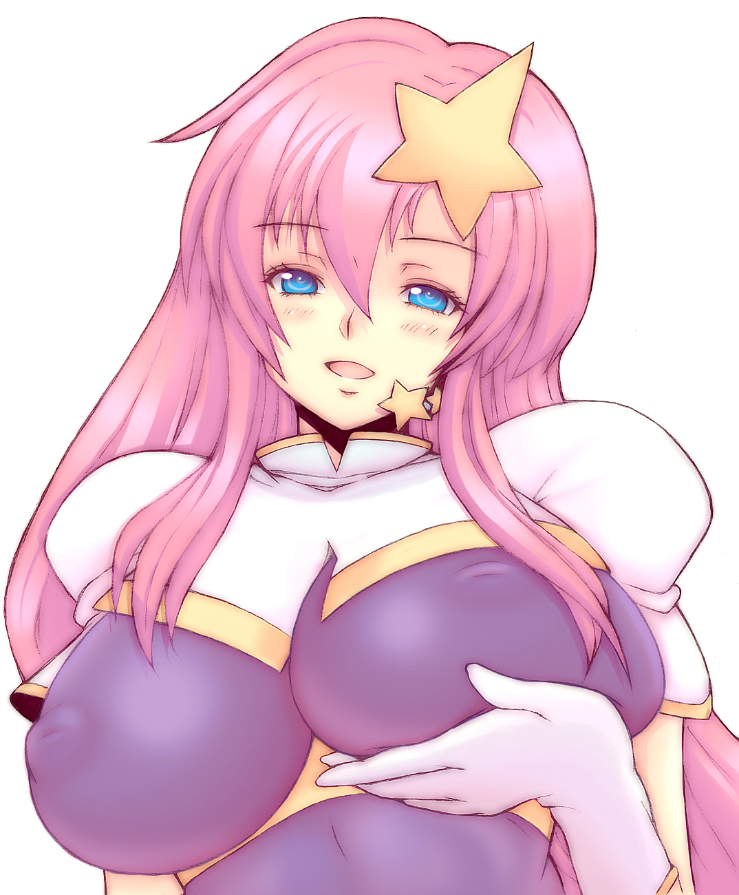 kannagi kaname, meer campbell, gundam, gundam seed, gundam seed destiny, breast hold, bad id, bad pixiv id, highres, 00s, 1girl, blue eyes, breast lift, breasts, female focus, gloves, hair ornament, inverted nipples, long hair, nipples, pink hair, solo, star (symbol), star hair ornament