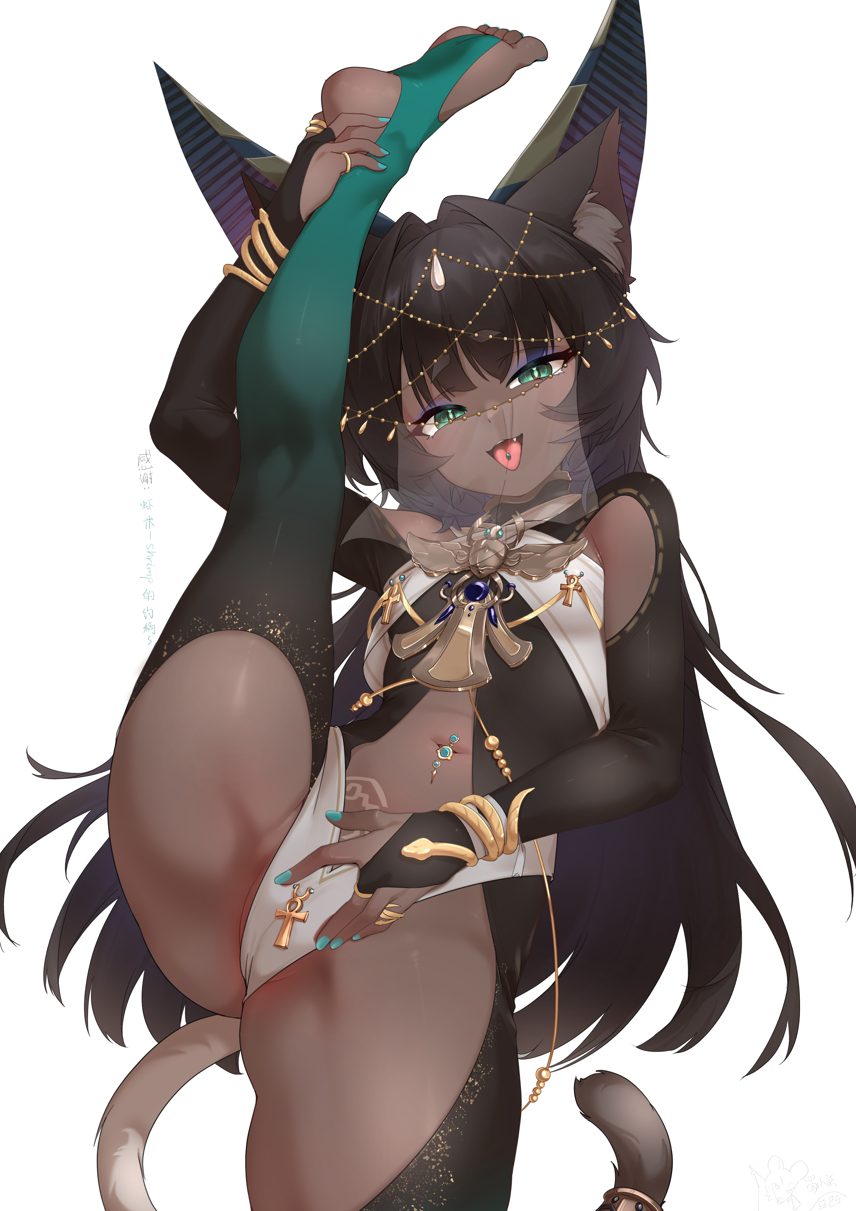 hinanawi mika, original, absurdres, highres, 1girl, animal ears, ankh, armpits, bodystocking, breasts, brown hair, cat ears, cat girl, cat tail, dancer, dark-skinned female, dark skin, eyebrows hidden by hair, flexible, green eyes, hand on own crotch, jewelry, long hair, looking at viewer, nail polish, navel piercing, necklace, open mouth, piercing, see-through clothes, see-through veil, simple background, slit pupils, small breasts, smile, soles, solo, split, standing, standing on one leg, standing split, tail, toes, tongue, tongue out, veil, very long hair, white background
