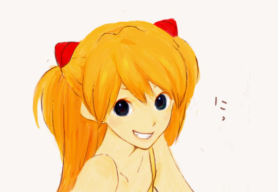 gen (susono01), souryuu asuka langley, neon genesis evangelion, 1girl, blue eyes, close-up, female focus, grin, long hair, orange hair, red hair, simple background, sketch, smile, solo