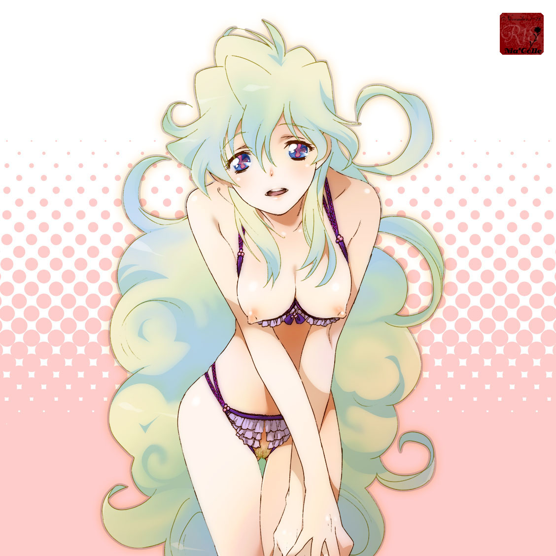 yukimitsuki, nia teppelin, tengen toppa gurren lagann, + +, 00s, 1girl, blonde hair, blue eyes, blue hair, bra, breastless clothes, breasts, cleavage, cross-shaped pupils, crotchless, crotchless panties, curly hair, female focus, female pubic hair, leaning forward, lingerie, long hair, matching hair/eyes, medium breasts, multicolored hair, nia colle, nipples, panties, pubic hair, pussy, shelf bra, smile, solo, symbol-shaped pupils, thong, two-tone hair, uncensored, underwear, underwear only, very long hair