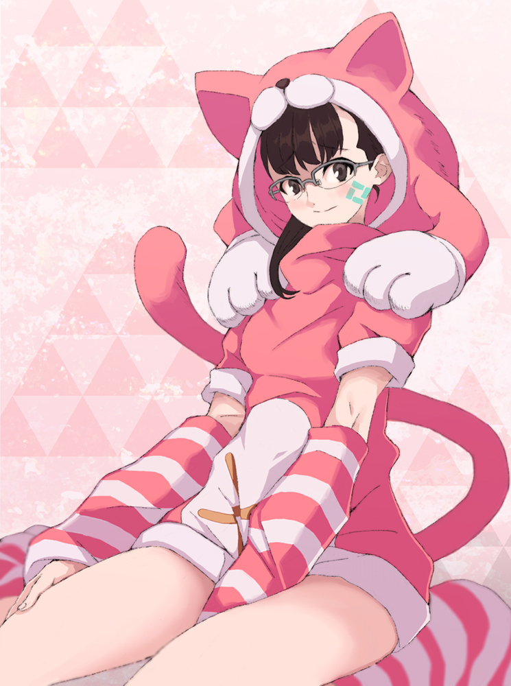 secretter, aizaki momo, sumikaze touko, anonymous;code, occultic;nine, science adventure, non-web source, 1girl, aizaki momo (cosplay), animal costume, animal ears, animal hood, bare legs, black hair, blush, breasts, brown eyes, cat ears, cat hood, cat tail, closed mouth, cosplay, hood, hood up, hoodie, long hair, long sleeves, looking at viewer, medium breasts, sitting, smile, solo, tail, thighhighs