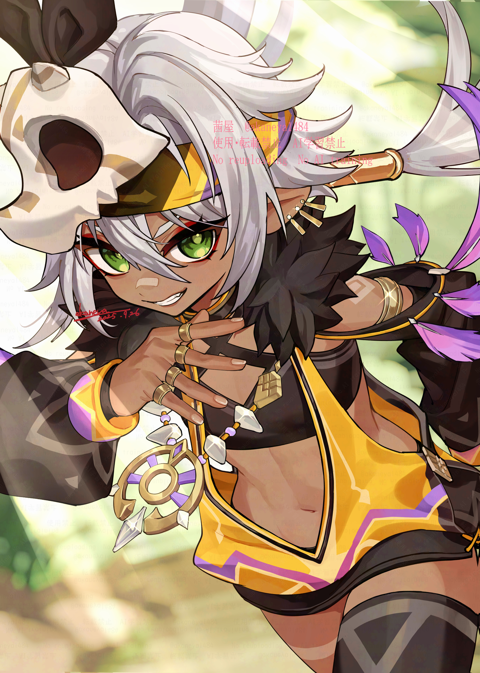 ojo aa, iansan (genshin impact), genshin impact, gold armlet, commentary request, highres, 1girl, armlet, artist name, black headband, black sports bra, black thighhighs, blurry, blurry background, body markings, clothing cutout, dark-skinned female, dark skin, dated, earrings, eyelashes, feathers, floating hair, gold earrings, gold ring, green eyes, grey hair, grin, hair between eyes, hair intakes, hair ornament, hair tubes, hand up, headband, jewelry, long hair, long sleeves, looking at viewer, low twintails, multiple earrings, multiple rings, navel, necklace, pointy ears, puffy long sleeves, puffy sleeves, ring, running, shoulder cutout, side cutout, sidelocks, signature, single thighhigh, skull hair ornament, smile, solo, sports bra, stomach, teeth, thighhighs, twintails, twitter username, v-shaped eyebrows, very long hair, watermark