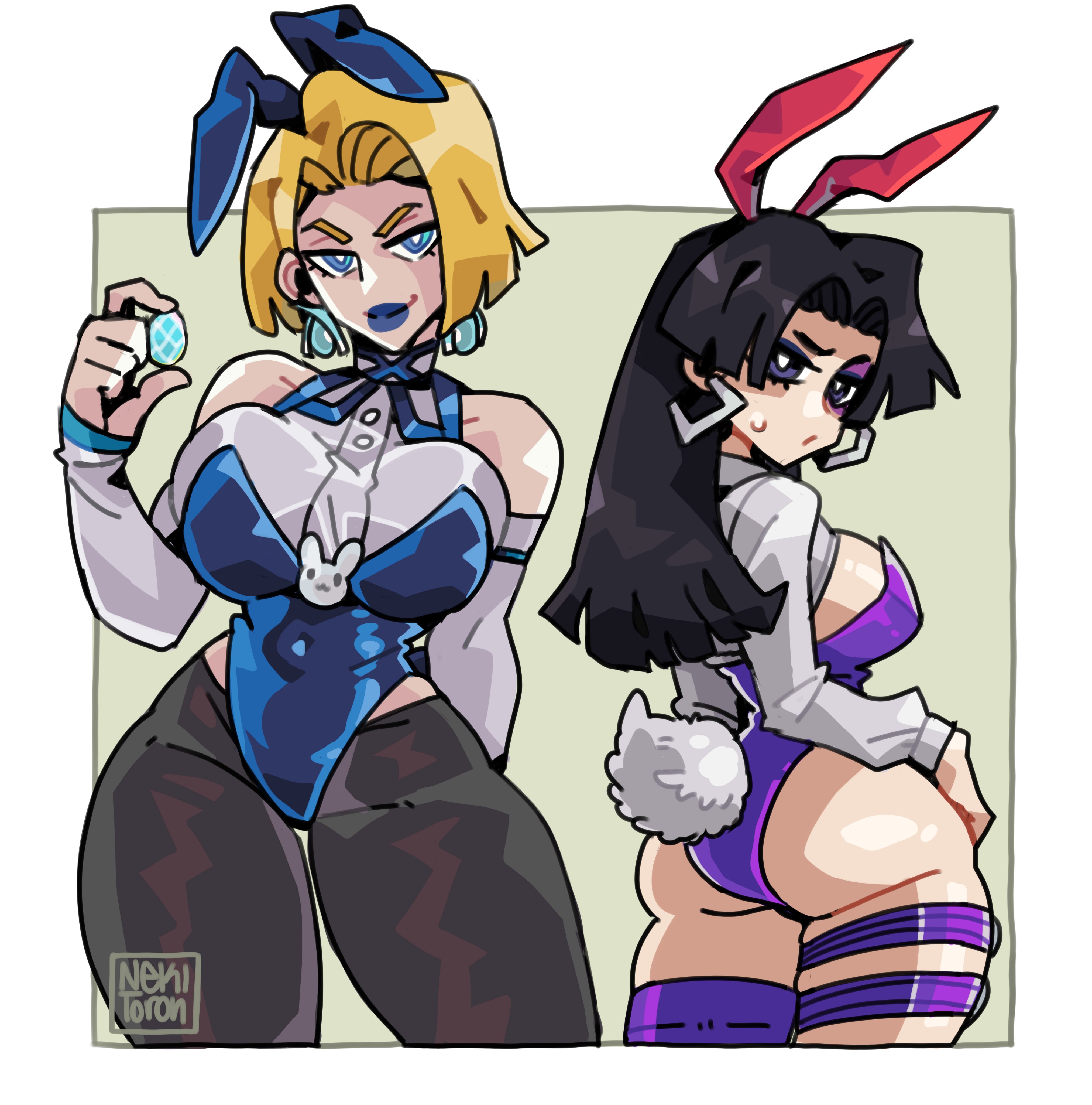 nekitoron, emma frost, psylocke, psylocke (vengeance), marvel, marvel rivals, x-men, absurdres, highres, 2girls, ass, black hair, blonde hair, blush, breasts, elbow gloves, gloves, highleg, highleg leotard, large breasts, leotard, long hair, looking at viewer, multiple girls, pantyhose, playboy bunny, purple eyes, thighhighs