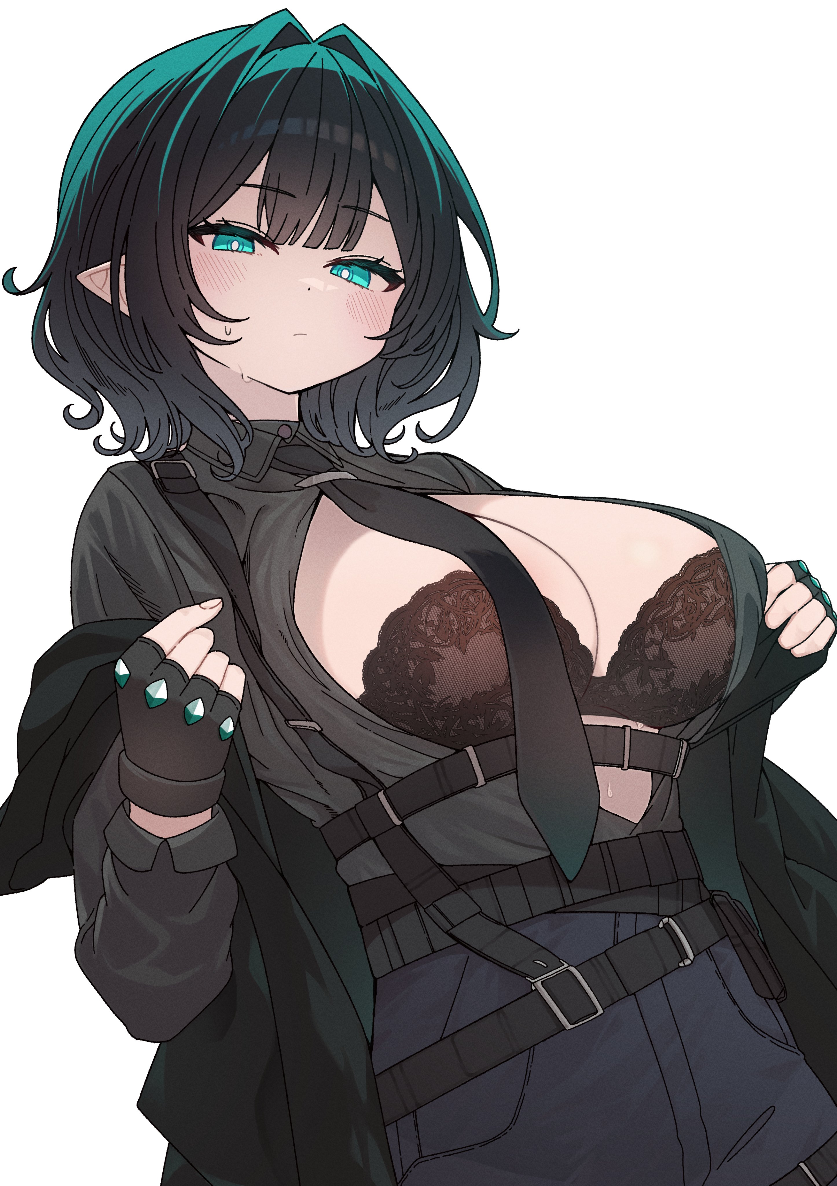 anavi, trickcal, absurdres, highres, 1girl, belt, black bra, black hair, black shirt, blush, bra, breasts, fingerless gloves, gloves, green eyes, hair intakes, jacket, large breasts, looking at viewer, medium hair, multiple belts, mute (trickcal), necktie, open clothes, open jacket, pants, pointy ears, shirt, solo, underwear