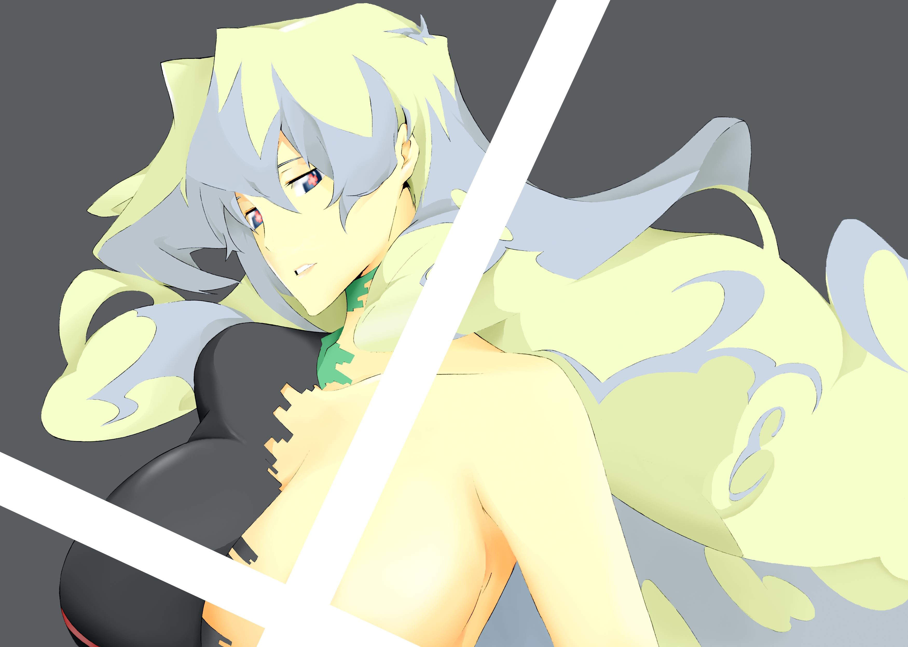 nanao (mahaya), antispiral nia, nia teppelin, tengen toppa gurren lagann, light, absurdres, bad id, bad pixiv id, highres, 00s, 1girl, breasts, cleavage, female focus, large breasts, lipstick, long hair, makeup, multicolored hair, pixalated clothes, smile, solo, very long hair