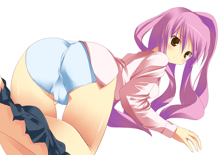 amaa (chou dennou jidai), hinoeya kiuri, original, character request, copyright request, 1girl, all fours, ass, blouse, blue panties, blue skirt, blush, cameltoe, clothes pull, female focus, long sleeves, looking back, panties, pink eyes, pink hair, pink shirt, shiny skin, shirt, simple background, skirt, skirt pull, solo, underwear, white background