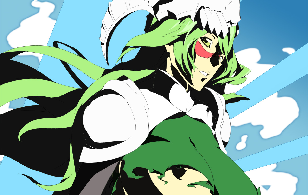 nanao (mahaya), nelliel tu odelschwanck, bleach, bad id, bad pixiv id, 00s, arrancar, breasts, facial mark, green eyes, green hair, hollow (bleach), horns, large breasts, long hair, nipple slip, nipples, number tattoo, scar, skull, sky, solo, tattoo