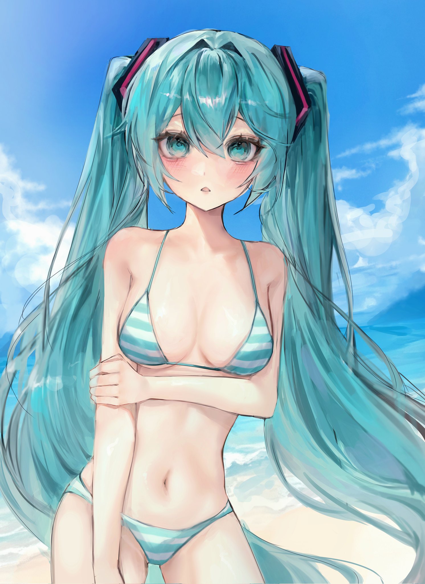 hatsune miku, vocaloid, hashtag-only commentary, highres, 1girl, aqua eyes, aqua hair, arm under breasts, bare arms, bare shoulders, beach, bikini, blue sky, blush, breasts, cleavage, cloud, collarbone, contrapposto, cowboy shot, day, eyelashes, hair between eyes, hair intakes, hair ornament, holding own arm, long hair, looking at viewer, medium breasts, n kiring, navel, ocean, outdoors, parted lips, sand, sidelocks, sky, solo, standing, stomach, string bikini, striped bikini, striped clothes, swimsuit, twintails, very long hair, water