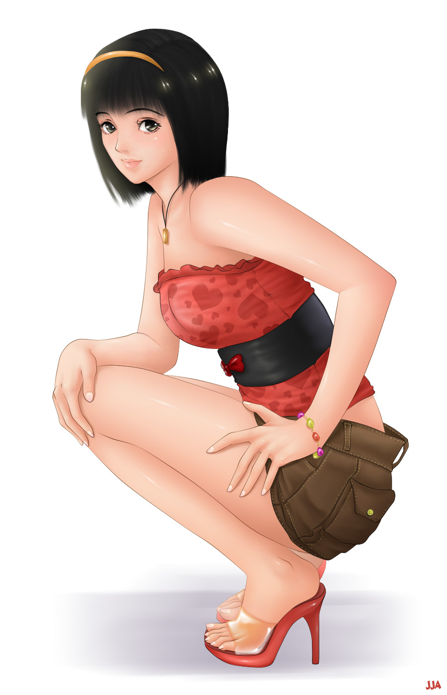 khalitzburg, original, highres, black hair, feet, hairband, high heels, legs, lips, open shoes, sandals, shoes, short hair, squatting, toes
