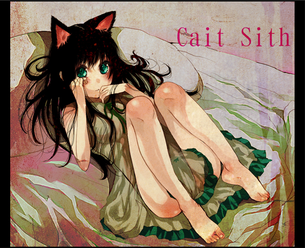 palmeros, cait sith (final fantasy), cait sith (mythology), celtic mythology, irish mythology, original, 1girl, animal ears, barefoot, black hair, blush, body blush, cait sith (scottish mythology), cat ears, female focus, green eyes, long hair, lying, on back, pillarboxed, see-through clothes, solo