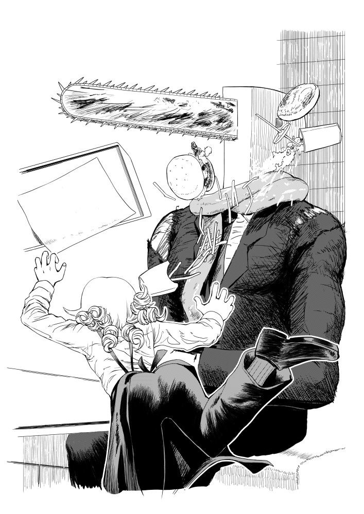 harutaro nico, chainsaw devil, higashiyama kobeni, morikubo nono, p-head producer, producer (idolmaster), chainsaw man, idolmaster, idolmaster cinderella girls, commentary request, 1boy, 1girl, burger, chainsaw, cup, disposable cup, dress shirt, food, food on face, formal clothes, french fries, greyscale, intestine clothing, intestines, jacket, monochrome, necktie, parody, restaurant, ringlets, scene reference, shirt, sitting, suit, takahashi karin, torn clothes, torn jacket, tray, tripping, voice actor connection