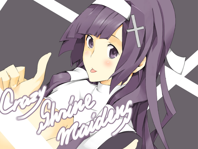 nanao (mahaya), zange, kannagi, bad id, bad pixiv id, 00s, blush, cross, hair ornament, hairband, hairclip, headband, maid, purple eyes, purple hair, solo, thumbs up, tongue