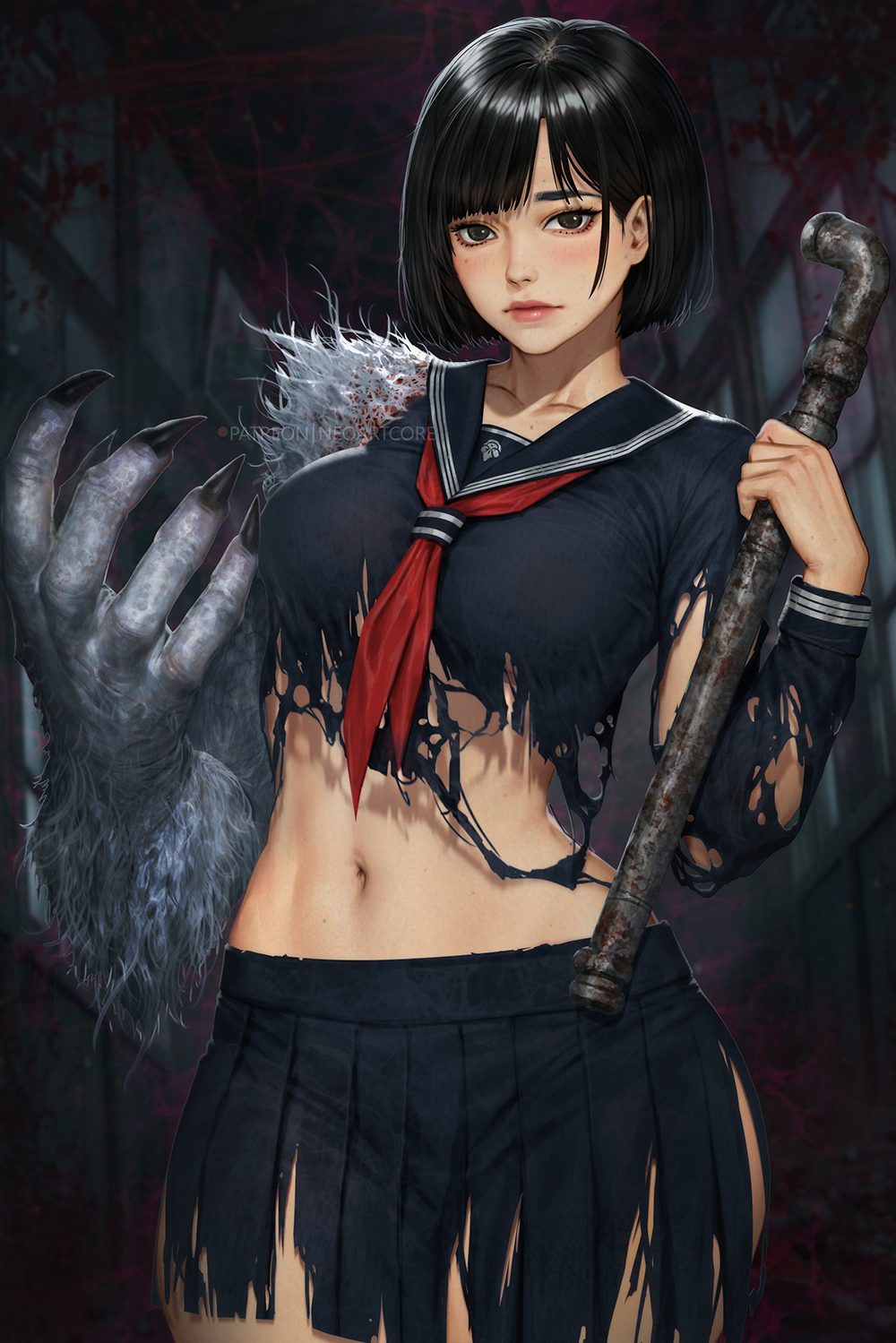 neoartcore, shimizu hinako, silent hill (series), silent hill f, highres, 1girl, black hair, black sailor collar, black serafuku, holding, holding lead pipe, japanese clothes, lead pipe, neckerchief, red neckerchief, sailor collar, school uniform, serafuku, shirt, short hair, skirt, solo