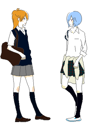 gen (susono01), ayanami rei, souryuu asuka langley, neon genesis evangelion, lowres, 2girls, aged up, blue hair, multiple girls, oekaki, red hair, school uniform