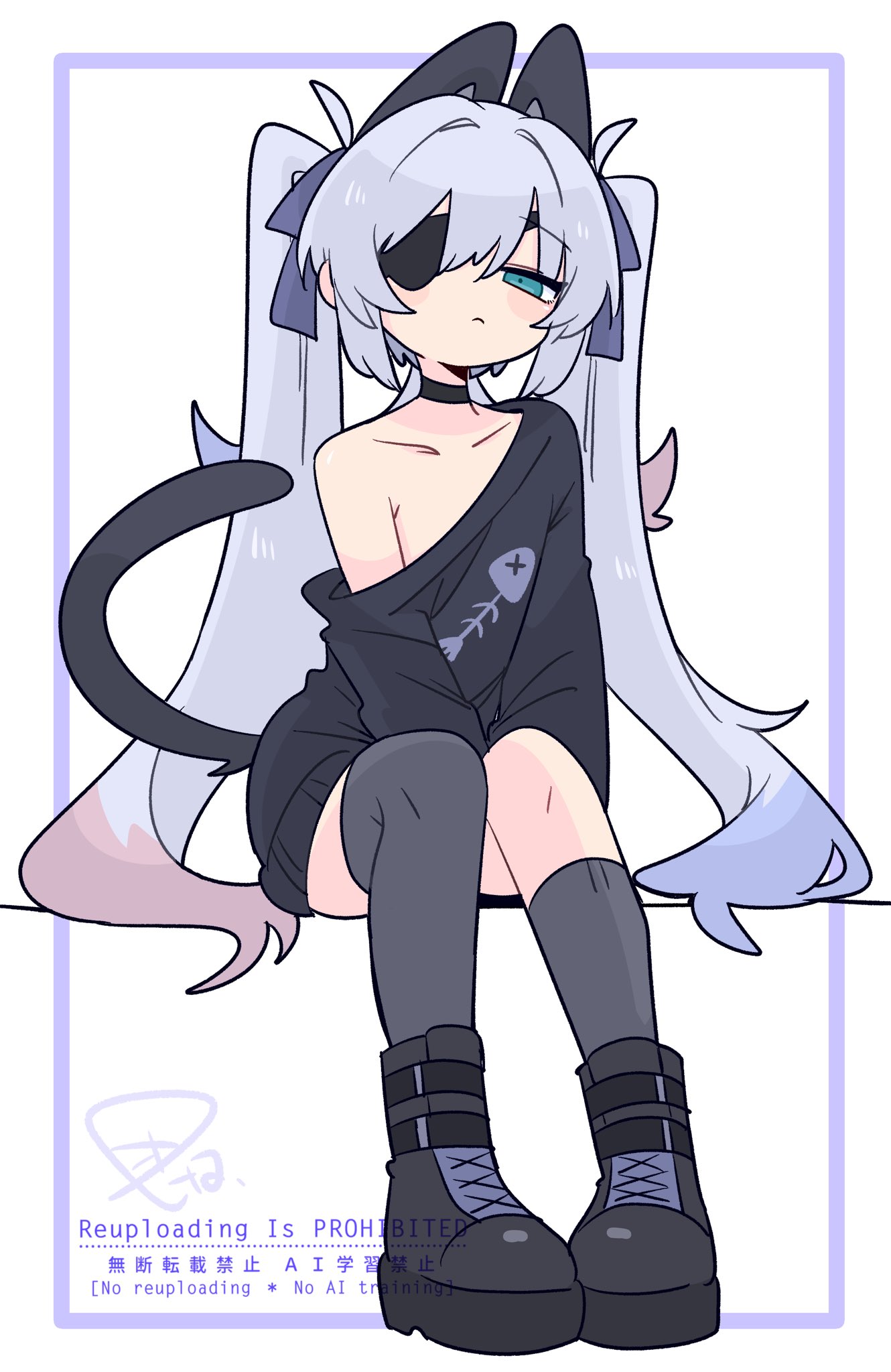 op na yarou, original, commentary, highres, 1boy, animal ears, ankle boots, asymmetrical legwear, black boots, black choker, black sweater, blue bow, blue eyes, boots, bow, cat boy, cat ears, cat tail, choker, collarbone, crossdressing, crossdressing (mtf), extra ears, eyepatch, fish skeleton, fish skeleton print, flipped hair, frown, full body, grey socks, grey tail, grey thighhighs, hair between eyes, hair bow, long hair, looking at viewer, male focus, narrowed eyes, no nose, one eye covered, oversized clothes, print sweater, rigel (op na yarou), sidelocks, simple background, single bare shoulder, single off shoulder, single sock, single thighhigh, sitting, socks, solo, sweater, tail, thighhighs, thighs, trap, uneven legwear, v arms, very long hair, watermark, white background, white hair