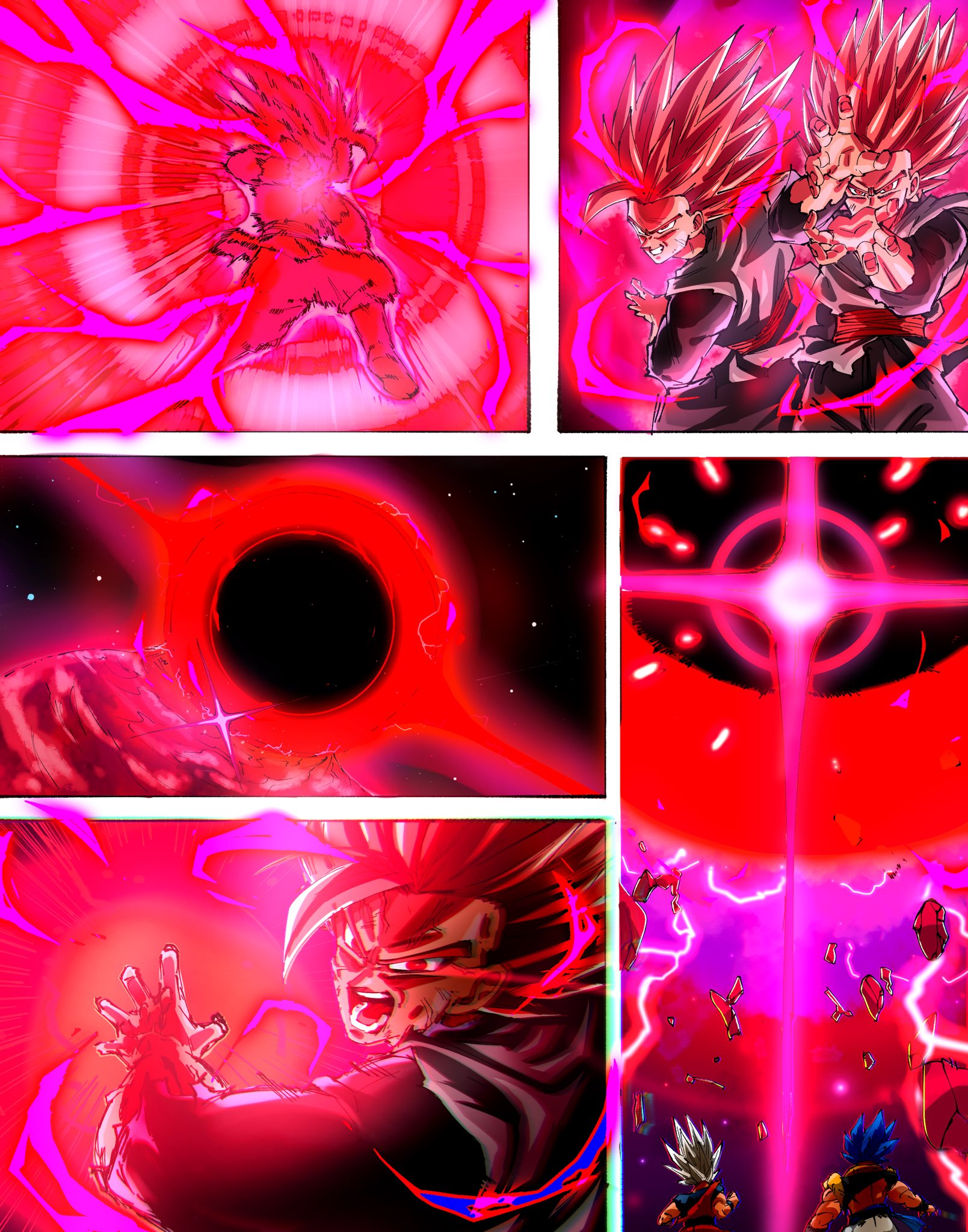 rz28kp, gogeta, gohan beast, goku black, son gohan, dragon ball, dragon ball: sparking!, dragon ball super, dragon ball super broly, dragon ball super super hero, highres, 3boys, aura, black shirt, dougi, electricity, finger to mouth, gohan black, grey tunic, kamehameha (dragon ball), long hair, medium hair, multiple boys, powering up, shirt, shushing, solo focus, spiked hair, super saiyan, super saiyan blue, super saiyan rose, tunic