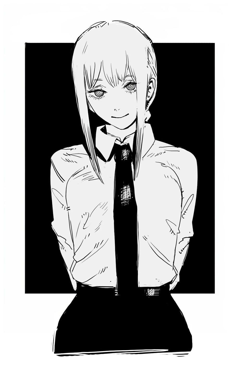 tomatoketchup96, makima (chainsaw man), chainsaw man, highres, 1girl, arms behind back, closed mouth, collared shirt, greyscale, long hair, looking at viewer, monochrome, necktie, pants, shirt, shirt tucked in, sidelocks, smile, solo