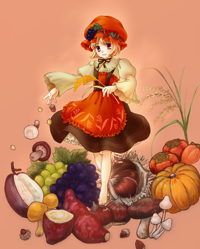 yukiha, aki minoriko, touhou, beige background, 1girl, barefoot, basket, blonde hair, dress, eggplant, female focus, food, fruit, full body, grapes, green eyes, hat, long sleeves, looking at viewer, mob cap, mushroom, onion, pumpkin, red dress, simple background, solo, tomato, vegetable