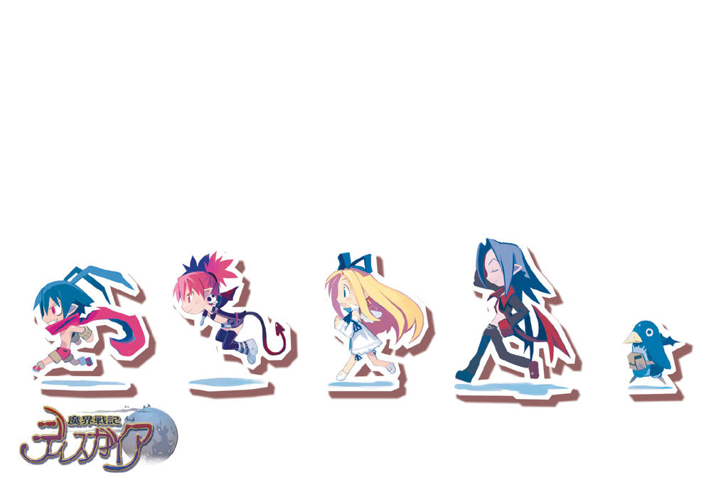 harada takehito, etna (disgaea), flonne, laharl, mid-boss (disgaea), prinny, disgaea, makai senki disgaea, nippon ichi, 00s, 2boys, 2girls, angel, blonde hair, blue hair, bow, demon, dress, multiple boys, multiple girls, pink hair, pointy ears, scarf, shorts, tail, wings