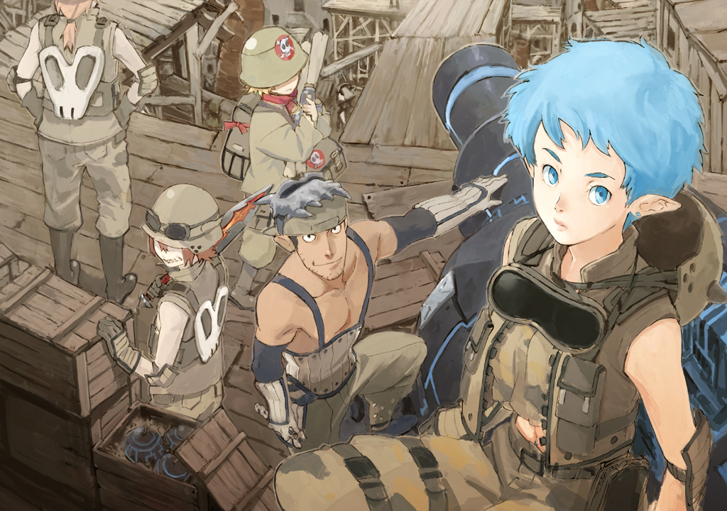 engineer (phantom kingdom), female soldier (phantom kingdom), male soldier (phantom kingdom), medic (phantom kingdom), nippon ichi, phantom kingdom, 1girl, 4boys, androgynous, blue eyes, blue hair, box, brown hair, gloves, helmet, multiple boys, pointy ears, sword, weapon