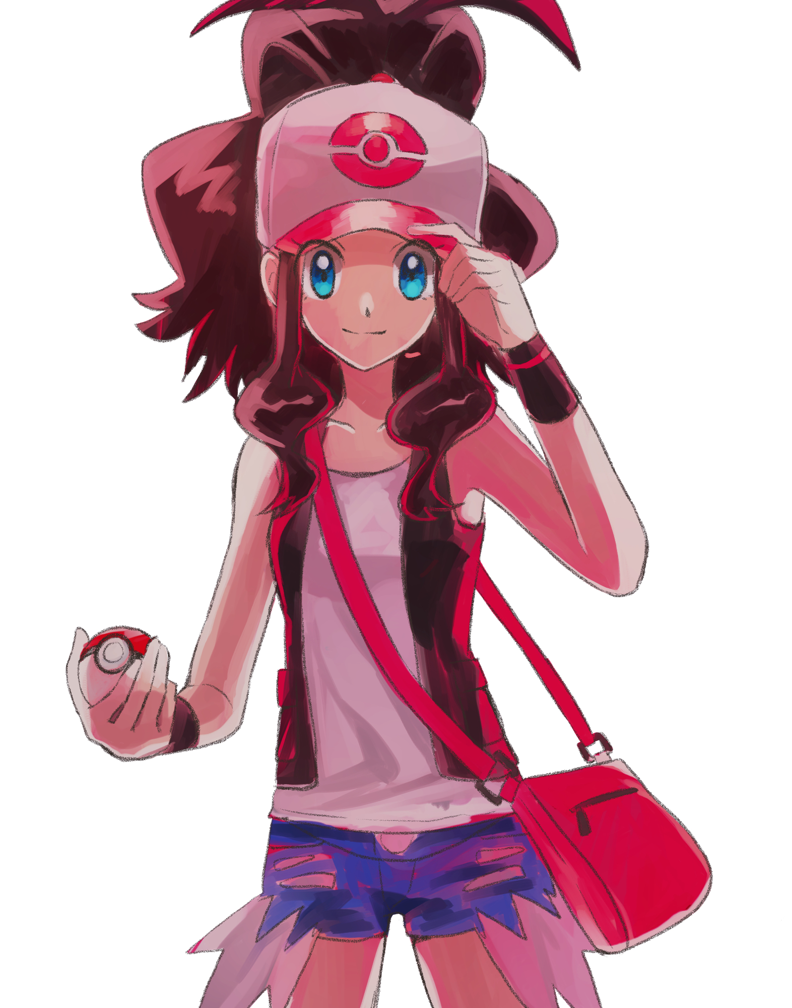 enamo (dcah), hilda (pokemon), nintendo, pokemon, pokemon bw, commentary request, highres, 1girl, adjusting clothes, adjusting headwear, bag, baseball cap, black vest, blue eyes, blue shorts, brown hair, closed mouth, cowboy shot, denim, denim shorts, eyelashes, handbag, hat, holding, holding poke ball, long hair, open clothes, open vest, pink bag, poke ball, poke ball (basic), poke ball print, shirt, short shorts, shorts, sidelocks, simple background, sleeveless, sleeveless shirt, smile, straight-on, vest, white background, white hat, white shirt