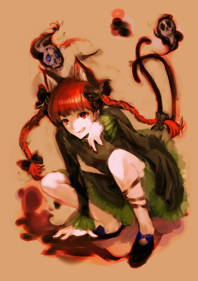 nokishita, kaenbyou rin, touhou, 1girl, animal ears, braid, cat ears, cat girl, cat tail, female focus, full body, solo, squatting, tail, tongue, twin braids, twintails