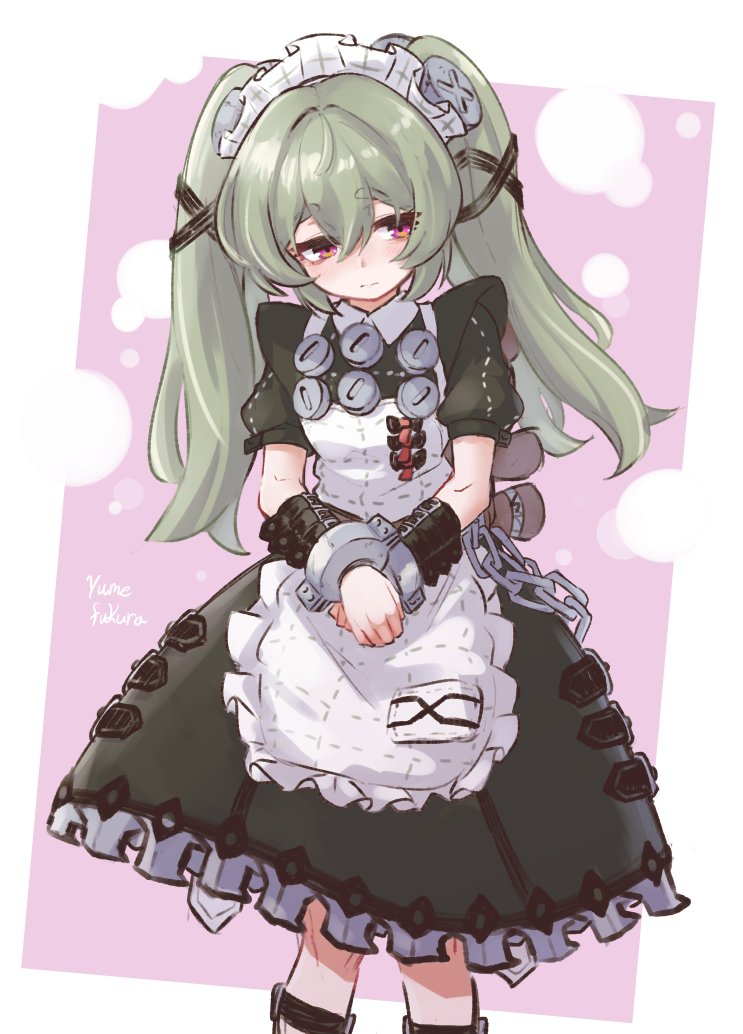 yumefukura, corin wickes, zenless zone zero, commentary request, 1girl, animal bag, apron, artist name, bear bag, black dress, chain, cuffs, dress, green hair, hair between eyes, long hair, looking at viewer, maid, maid apron, maid headdress, pink background, puffy short sleeves, puffy sleeves, purple eyes, screw hair ornament, short sleeves, simple background, solo, twintails, v arms, white apron